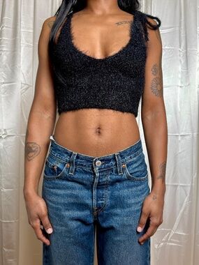 Zara Black Fuzzy Knit Cropped Tank Top with Tie Straps